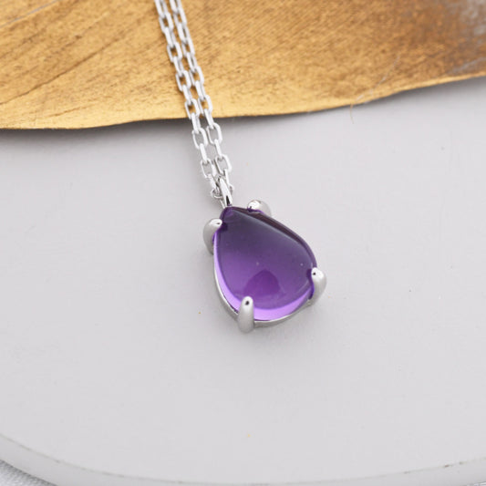 Genuine Amethyst Crystal Pear Necklace in Sterling Silver, Droplet Cabochon Natural Amethyst Necklace, February Birthstone