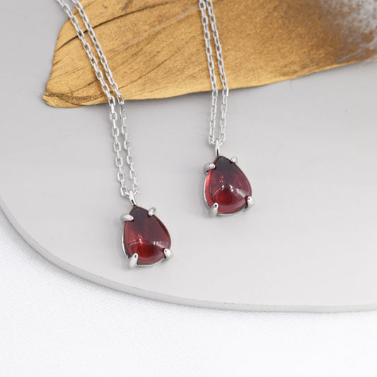 Genuine Garnet Crystal Pear Necklace in Sterling Silver, Droplet Cabochon Natural Garnet Stone Necklace, January Birthstone