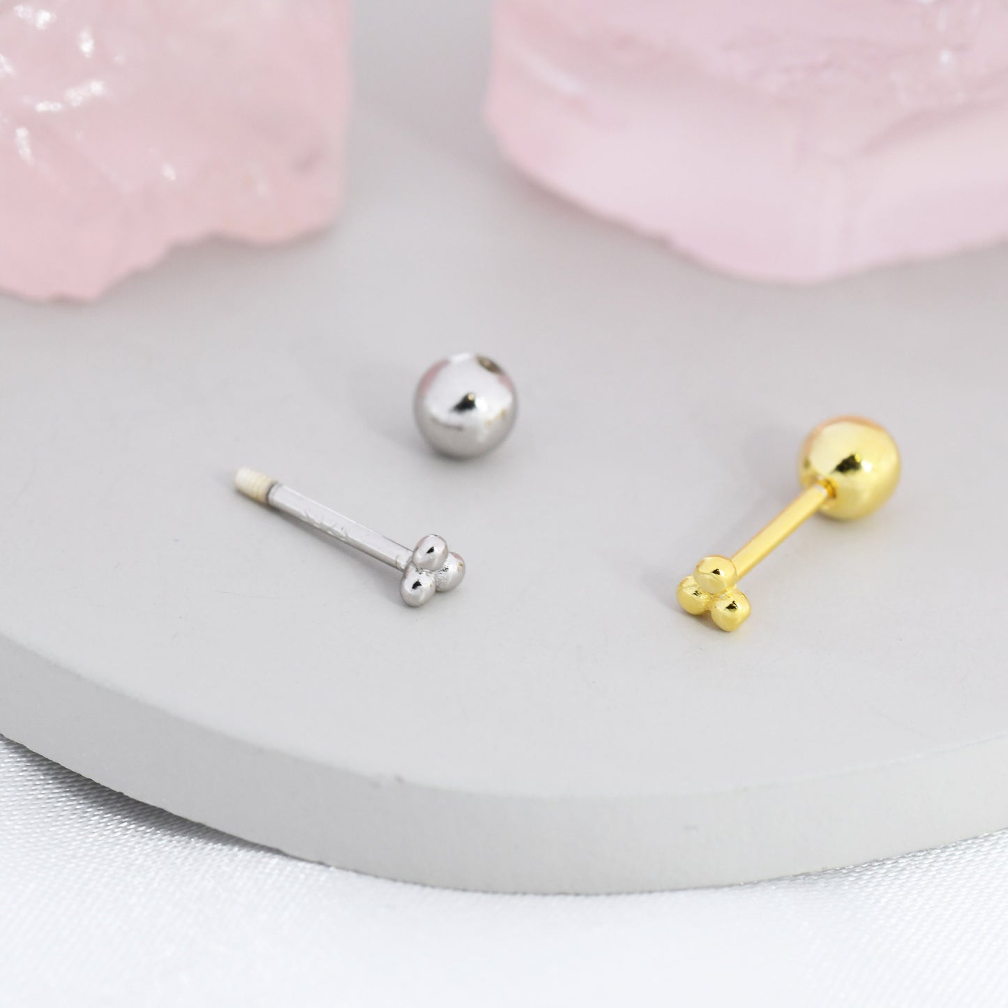 Extra Tiny Three Ball Barbell Earrings in Sterling Silver, Silver or Gold, Screw back Three Dot Earrings, Minimalist Piercing Jewellery