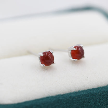 Natural Red Carnelian Stud Earrings in Sterling Silver, Semi-Precious Gemstone Earrings, 4mm, 4 prong Genuine Garnet Earrings