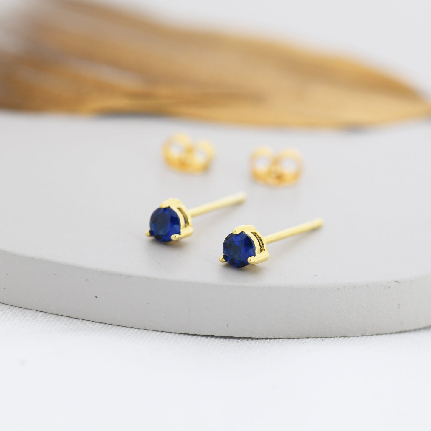 Extra Tiny Sapphire Blue Crystal CZ Stud Earrings in Sterling Silver, Three Prong 3mm Teeny Tiny Stud