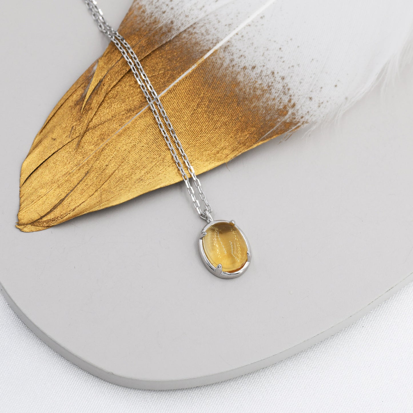 Genuine Citrine Crystal Oval Necklace in Sterling Silver, Oval Cabochon Natural Citrine Stone Necklace, November Birthstone