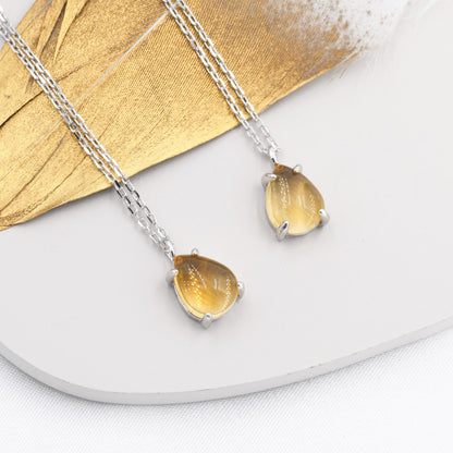 Genuine Citrine Crystal Pear Necklace in Sterling Silver, Droplet Cabochon Natural Citrine Stone Necklace, November Birthstone