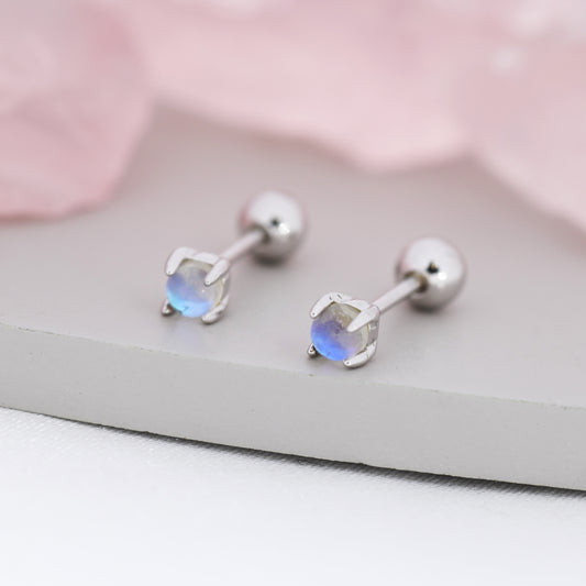 Moonstone Screw back Earrings in Sterling Silver, Aurora Barbell Earrings, Screw back Crystal Dot Earrings, Minimalist Piercing Jewellery