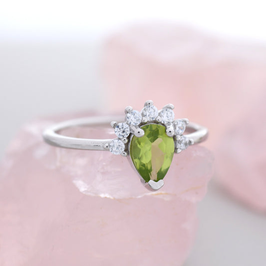 Genuine Pear Cut Peridot Crown Ring in Sterling Silver, Natural Peridot Crystal Ring, Vintage Inspired Design, US 5 - 8