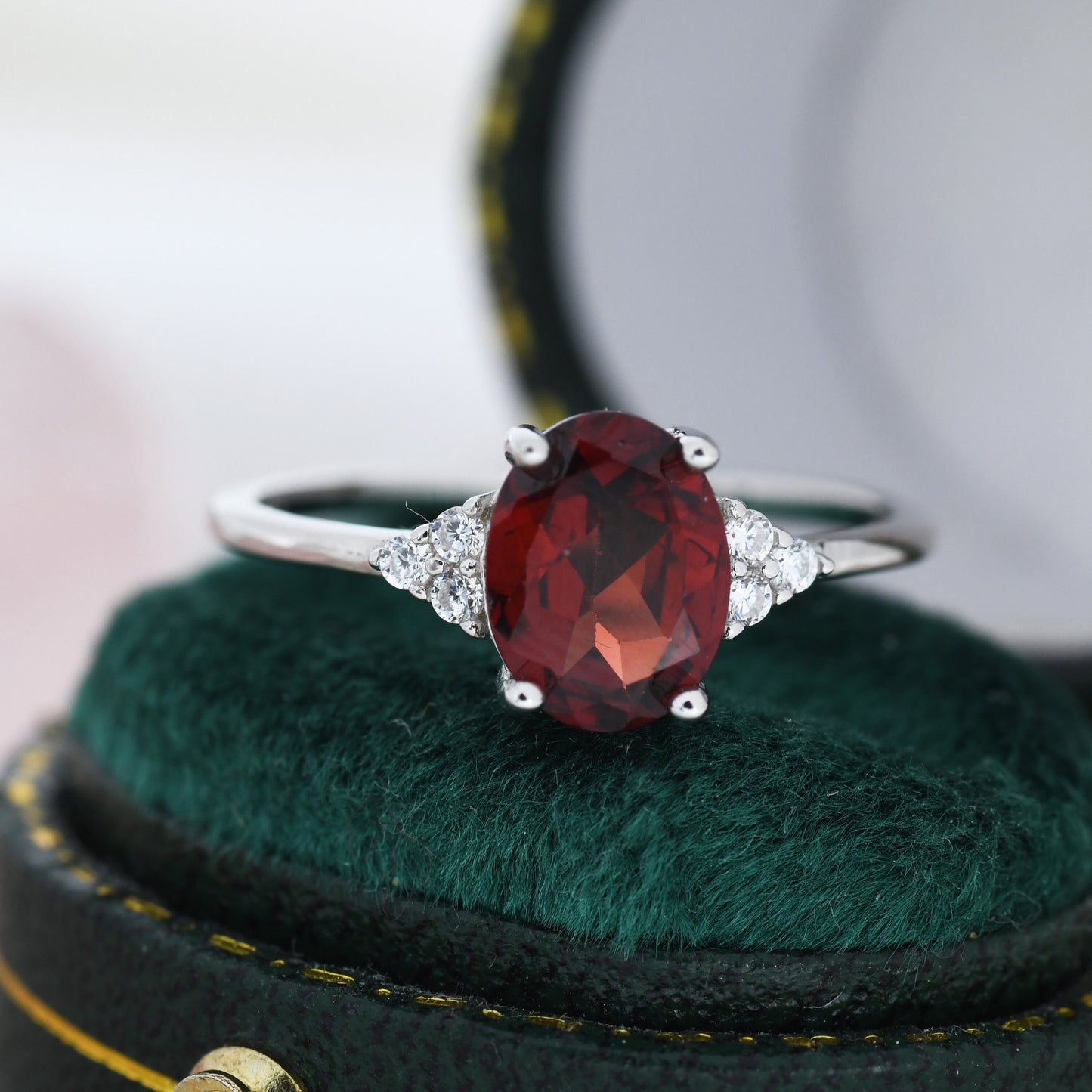 Genuine Garnet Oval Ring in Sterling Silver, Natural Red Garnet Ring, Three CZ, Garnet Crystal, Vintage Inspired Design, US 5 - 8