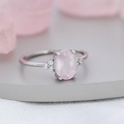 Genuine Oval Rose Quartz Ring in Sterling Silver, Natural Rose Quartz Ring, Three CZ, Pink Quartz Crystal, Vintage Inspired Design, US 5 - 8