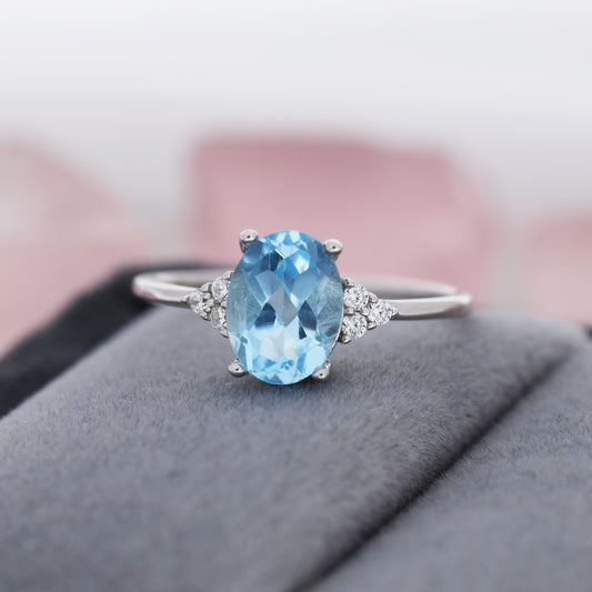 Genuine Swiss Blue Topaz Oval Ring in Sterling Silver, Natural Blue Topaz Ring, Three CZ,  March, Vintage Inspired Design, US 5 - 8