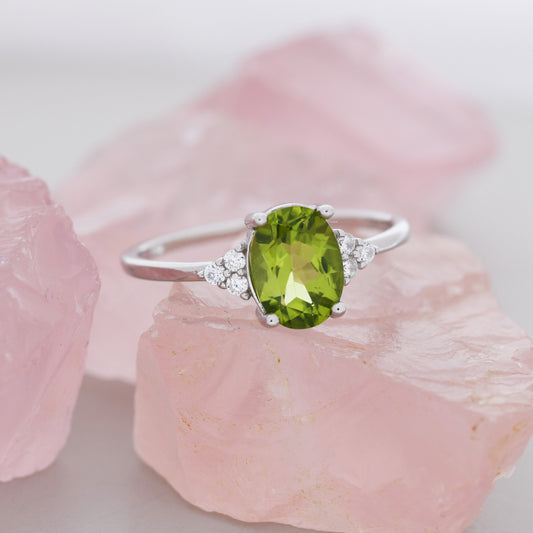 Genuine Peridot Oval Ring in Sterling Silver, Natural Green Peridot Ring, Three CZ,  August Birthstone, Vintage Inspired Design, US 5 - 8