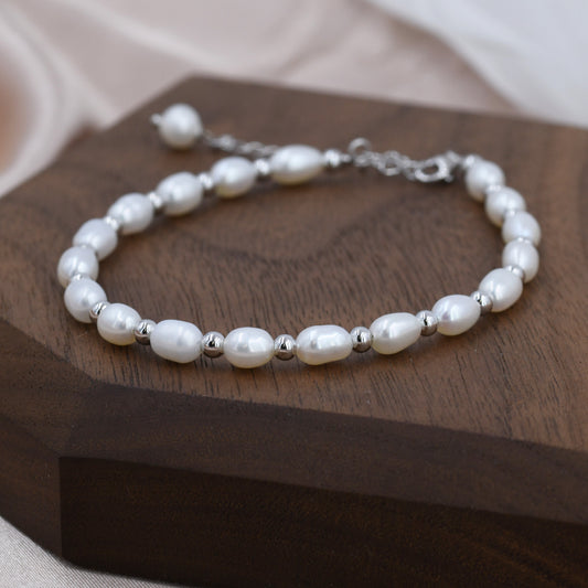 Sterling Silver Freshwater Pearl Beaded Bracelet, Silver or Gold, Genuine Pearls, Natural Pearl Bracelet, Ivory Pearls, Baroque Pearl, Keshi