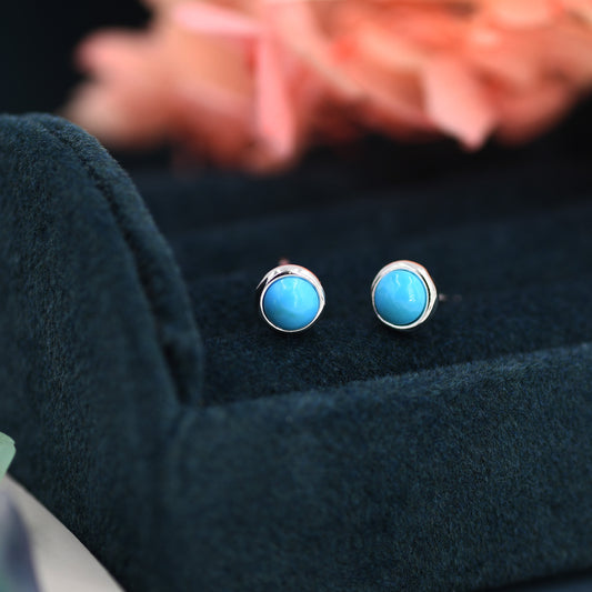 Sterling Silver Turquoise Stud Earrings, 3mm or 4mm, Genuine Turquoise Gemstone Stud, Bezel, Minimalist Style, December Birthstone