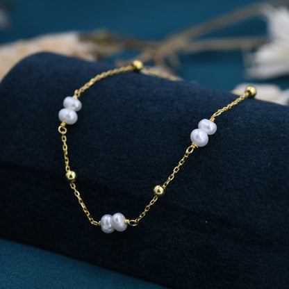 Sterling Silver Delicate Pearl Beaded Bracelet, Silver or Gold, Genuine Freshwater Pearls, Natural Pearl Bracelet, Ivory Pearls, Satellite