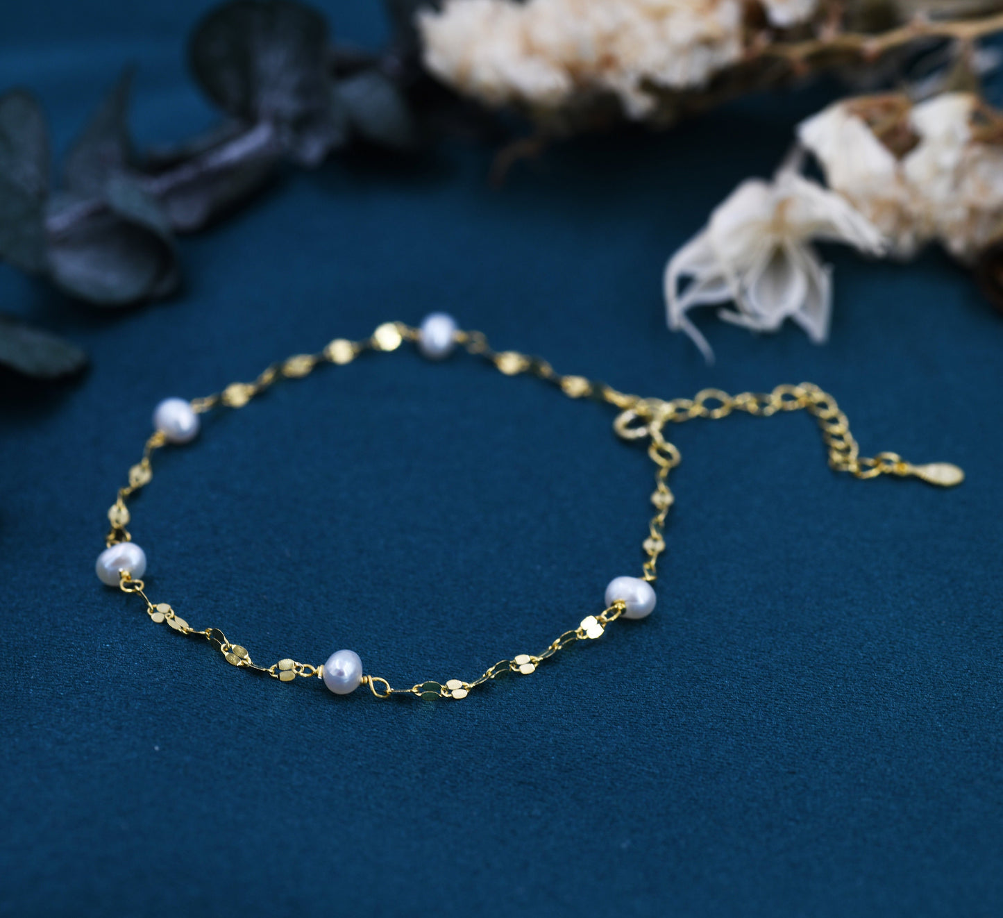 Sterling Silver Pearl Beaded Bracelet with Sparkly Disk Chain, Silver or Gold, Genuine Freshwater Pearls, Natural Pearl Bracelet