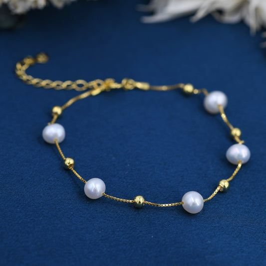 Sterling Silver Delicate Pearl and Silver Ball Beaded Bracelet, Silver or Gold, Genuine Freshwater Pearls, Natural Pearl Bracelet