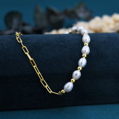Sterling Silver Freshwater Pearl and Paperclip Beaded Bracelet, Silver or Gold, Genuine Pearls, Natural Pearl Bracelet, Ivory Oval Pearls
