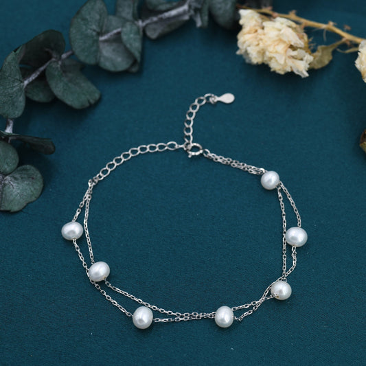 Sterling Silver Double Layer Pearl Beaded Bracelet, Silver or Gold, Real Freshwater Pearls, Natural Pearl Bracelet, Bridal Jewellery