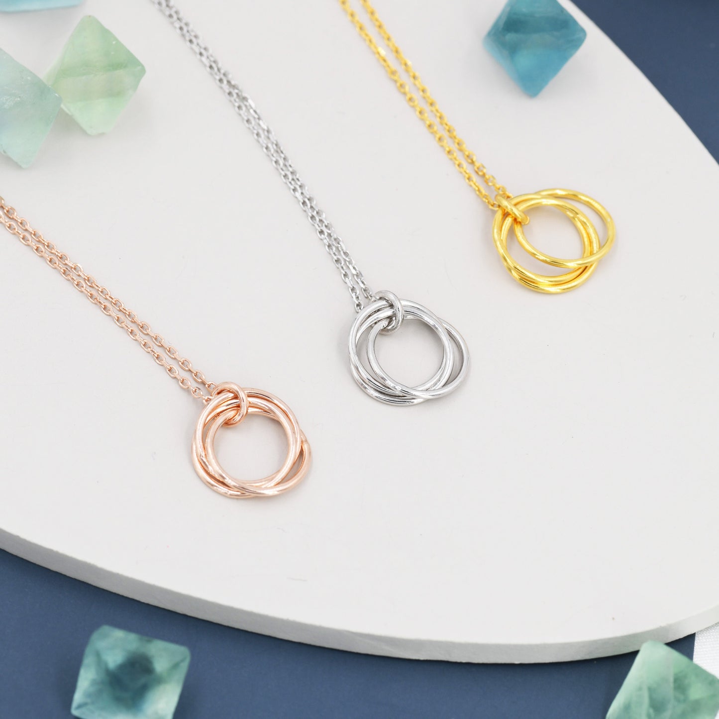 Sterling Silver Three Interlocking Circles Pendant Necklace, Three Entwined Circles for 30s, Infinity Necklace, Silver, Gold and Rose Gold,