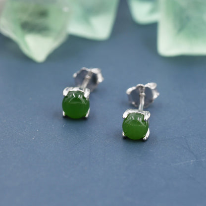 Natura Jasper Jade Stud Earrings in Sterling Silver, Semi-Precious Gemstone Earrings, 4mm, 4 prong Genuine Jade Earrings