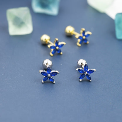 Sterling Silver Blue Forget-me-not CZ Flower Barbell Earrings,  Gold or Silver, Marquise CZ Screw Back Earrings, Stacking Earrings