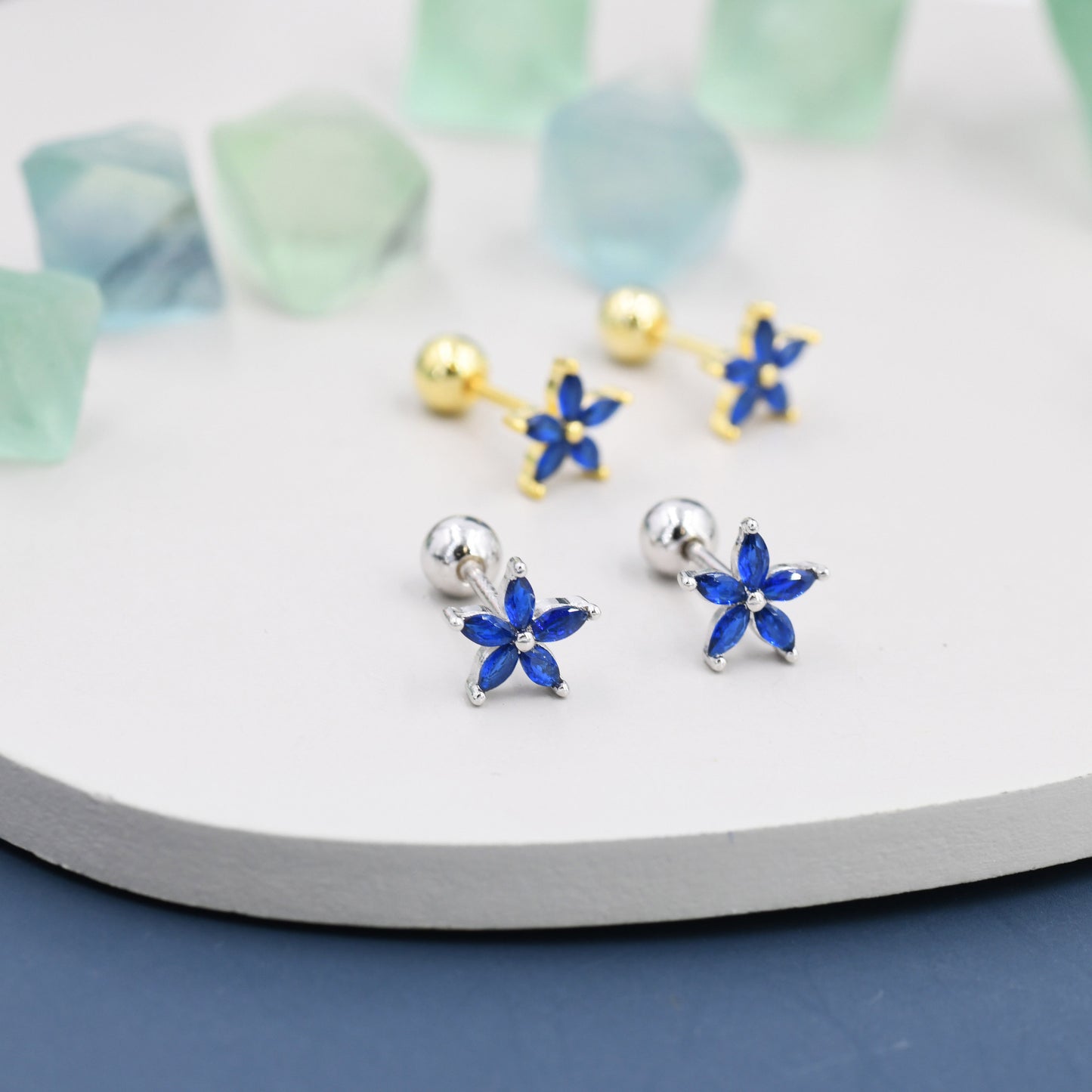 Sterling Silver Blue Forget-me-not CZ Flower Barbell Earrings,  Gold or Silver, Marquise CZ Screw Back Earrings, Stacking Earrings