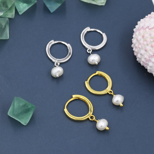 Tiny Dangle Pearl Huggie Hoops Earrings in Sterling Silver, , Genuine Freshwater Pearls, Silver or Gold, Minimalist Simple Hoop Earrings