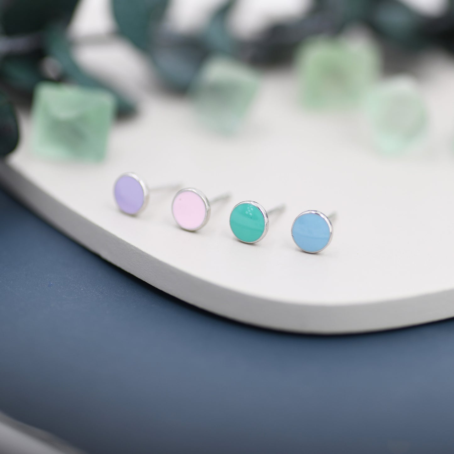 Circle Stud Earrings in Sterling Silver with Hand Painted Enamel, Pastel Stud, Teal, Turquoise, Blue, Pink, Purple, Tiny Stud