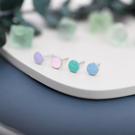 Circle Stud Earrings in Sterling Silver with Hand Painted Enamel, Pastel Stud, Teal, Turquoise, Blue, Pink, Purple, Tiny Stud