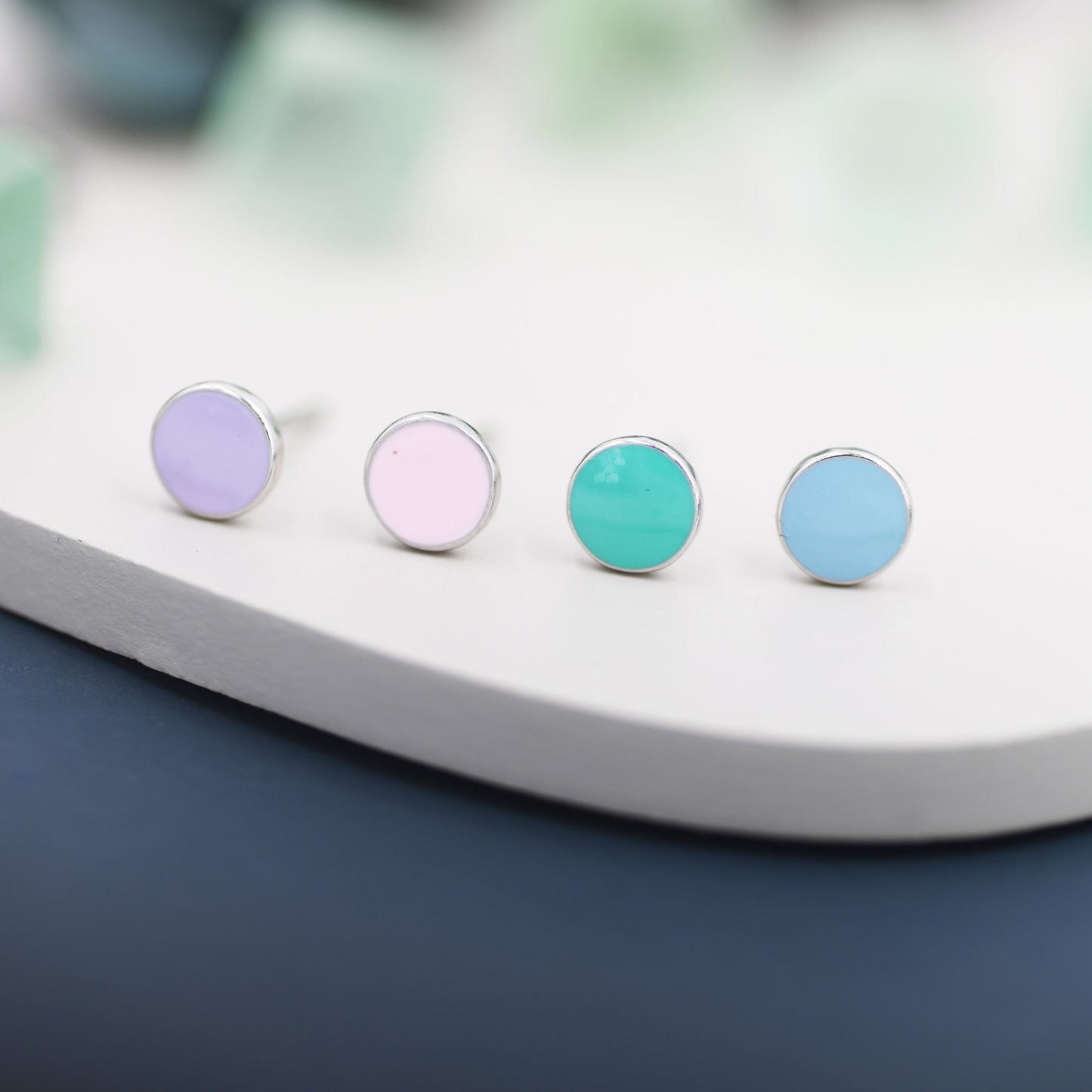 Circle Stud Earrings in Sterling Silver with Hand Painted Enamel, Pastel Stud, Teal, Turquoise, Blue, Pink, Purple, Tiny Stud