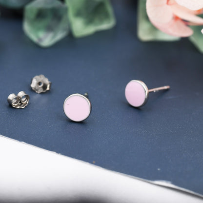Circle Stud Earrings in Sterling Silver with Hand Painted Enamel, Pastel Stud, Teal, Turquoise, Blue, Pink, Purple, Tiny Stud