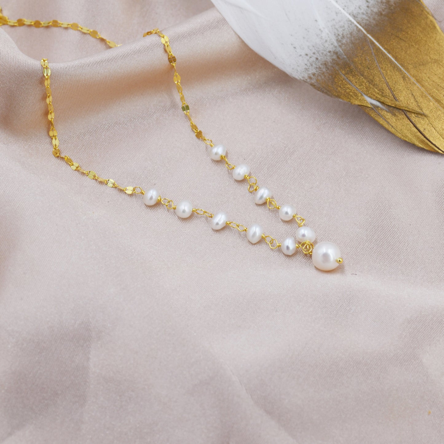 Genuine Pearl Beaded Necklace in Sterling Silver, Silver or Gold , Genuine Freshwater Pearls, Pearl Necklace, Y Necklace