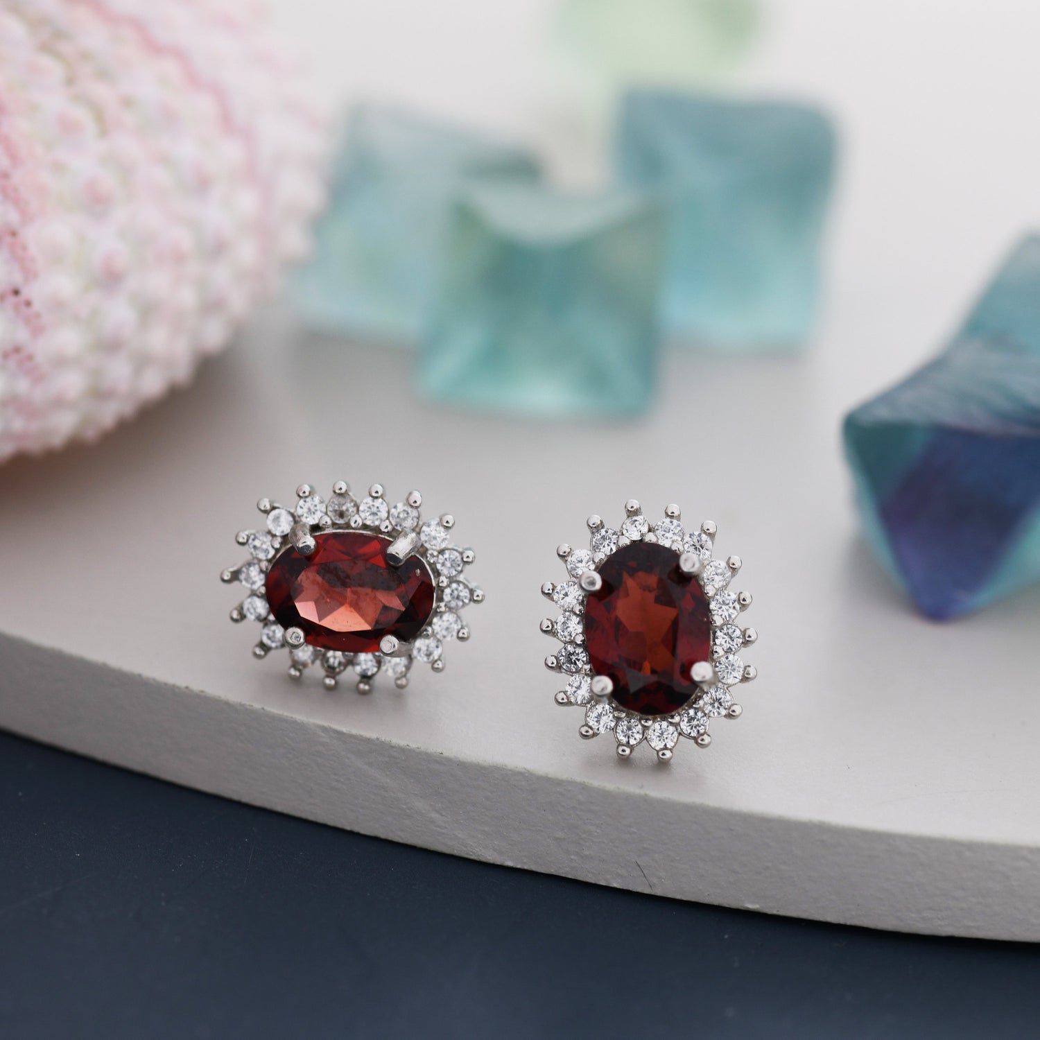 Sterling Silver Natural  Garnet Oval Stud Earrings, Oval Halo Stud, Genuine Garnet Gemstone Stud, Minimalist Style, January Birthstone