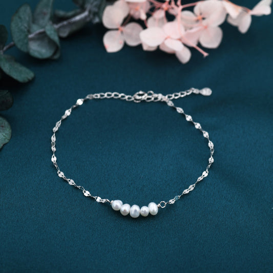 Sterling Silver Pearl Beaded Bracelet with Sparkly Disk Chain, Gold coated Silver, Genuine Freshwater Pearls, Natural Pearl Bracelet