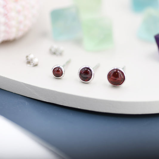 Natural Garnet Stud Earrings in Sterling Silver, Semi-Precious Gemstones, 4mm or 5mm Bezel, Genuine Garnet Earrings, January Birthstone