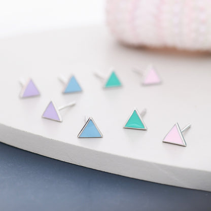 Triangle Stud Earrings in Sterling Silver with Hand Painted Enamel, Pastel Stud, Teal, Turquoise, Blue, Pink, Purple and Black, Tiny Stud