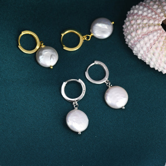 Coin Baroque Pearl Huggie Hoop Earrings in Sterling Silver,  Simple Circle Disk Dangle Earrings, Gold and Silver, Natural Freshwater Pearl