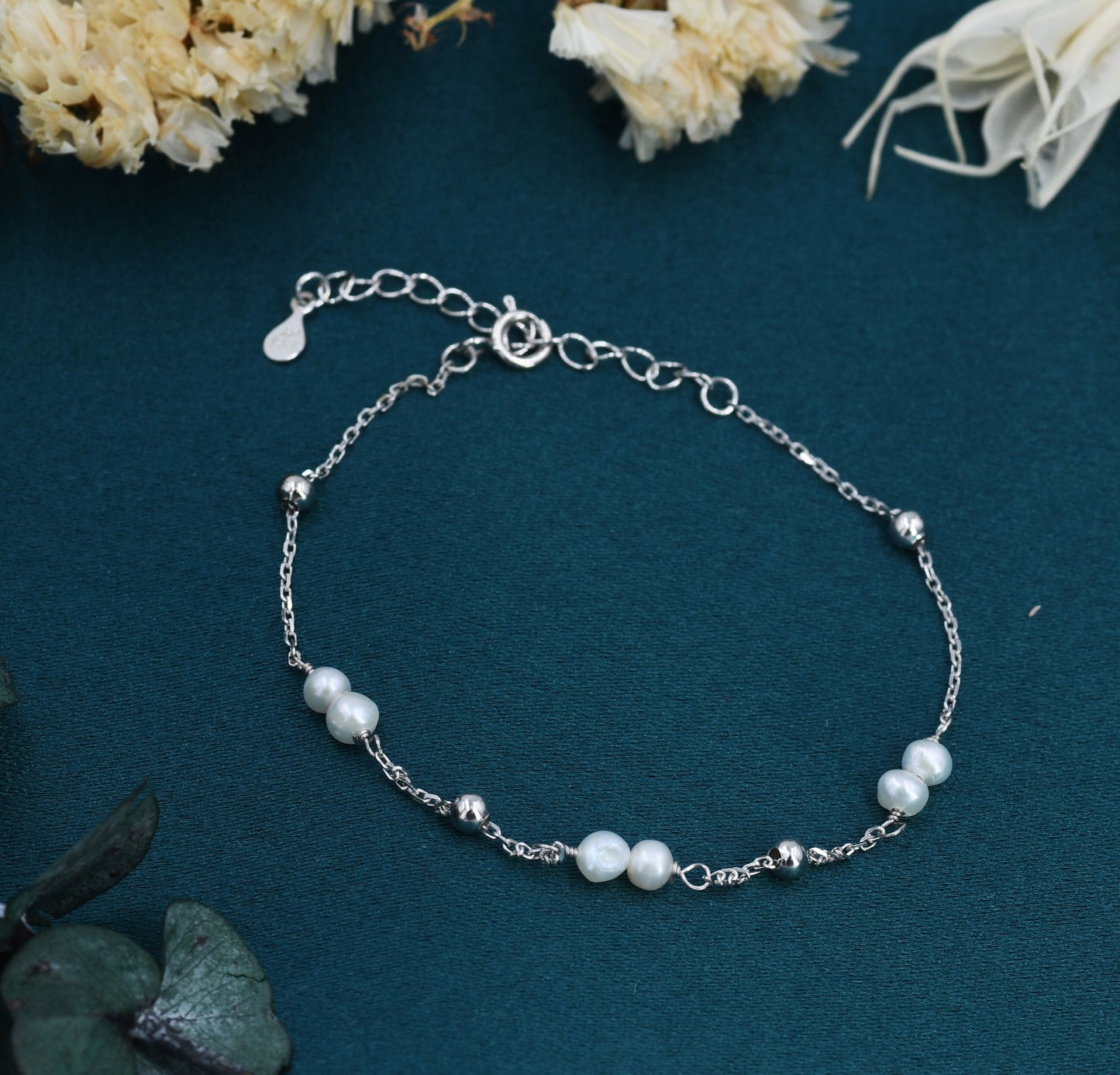 Sterling Silver Delicate Pearl Beaded Bracelet, Silver or Gold, Genuine Freshwater Pearls, Natural Pearl Bracelet, Ivory Pearls, Satellite