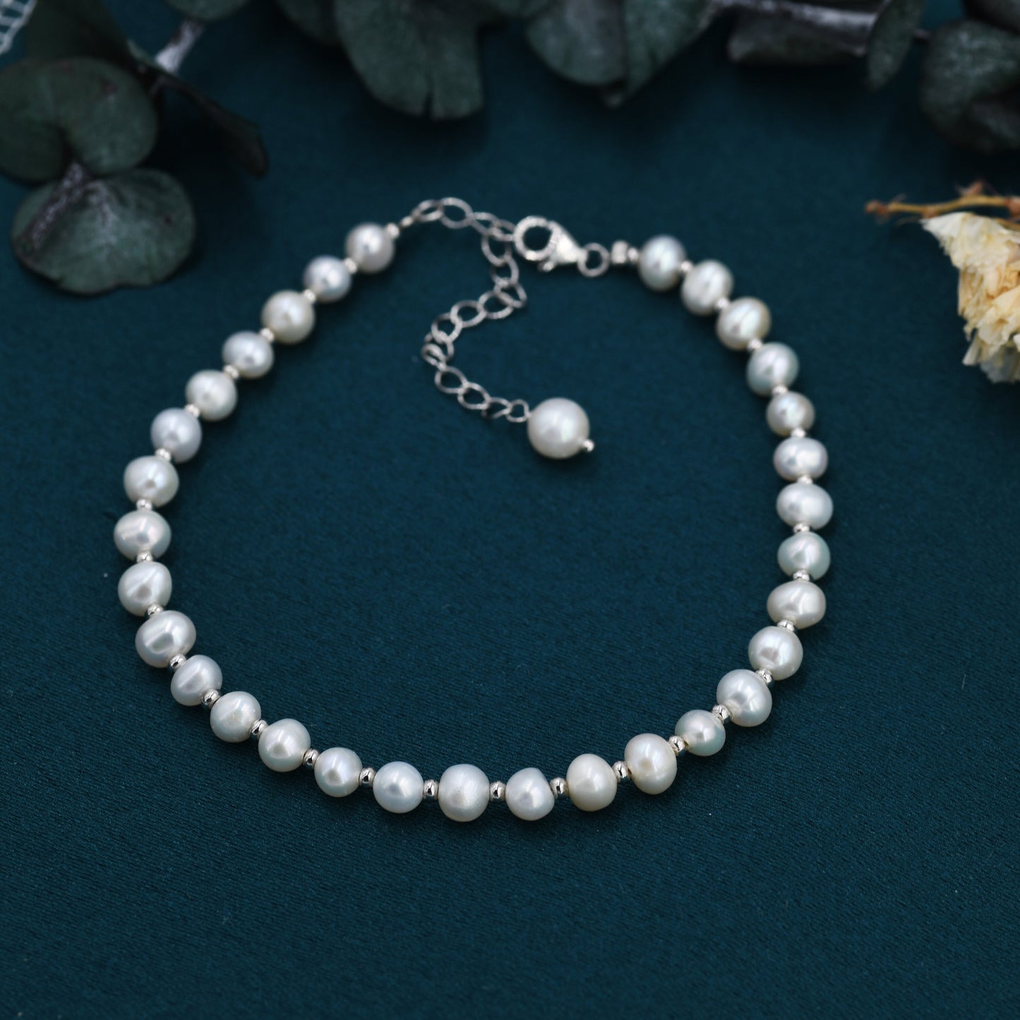 Sterling Silver Pearl and Silver Ball Beaded Bracelet, Silver or Gold, Real Freshwater Pearls, Real Pearl Bracelet, Bridal Jewellery