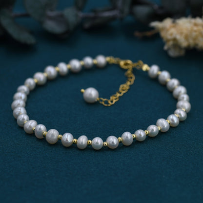 Sterling Silver Pearl and Silver Ball Beaded Bracelet, Silver or Gold, Real Freshwater Pearls, Real Pearl Bracelet, Bridal Jewellery