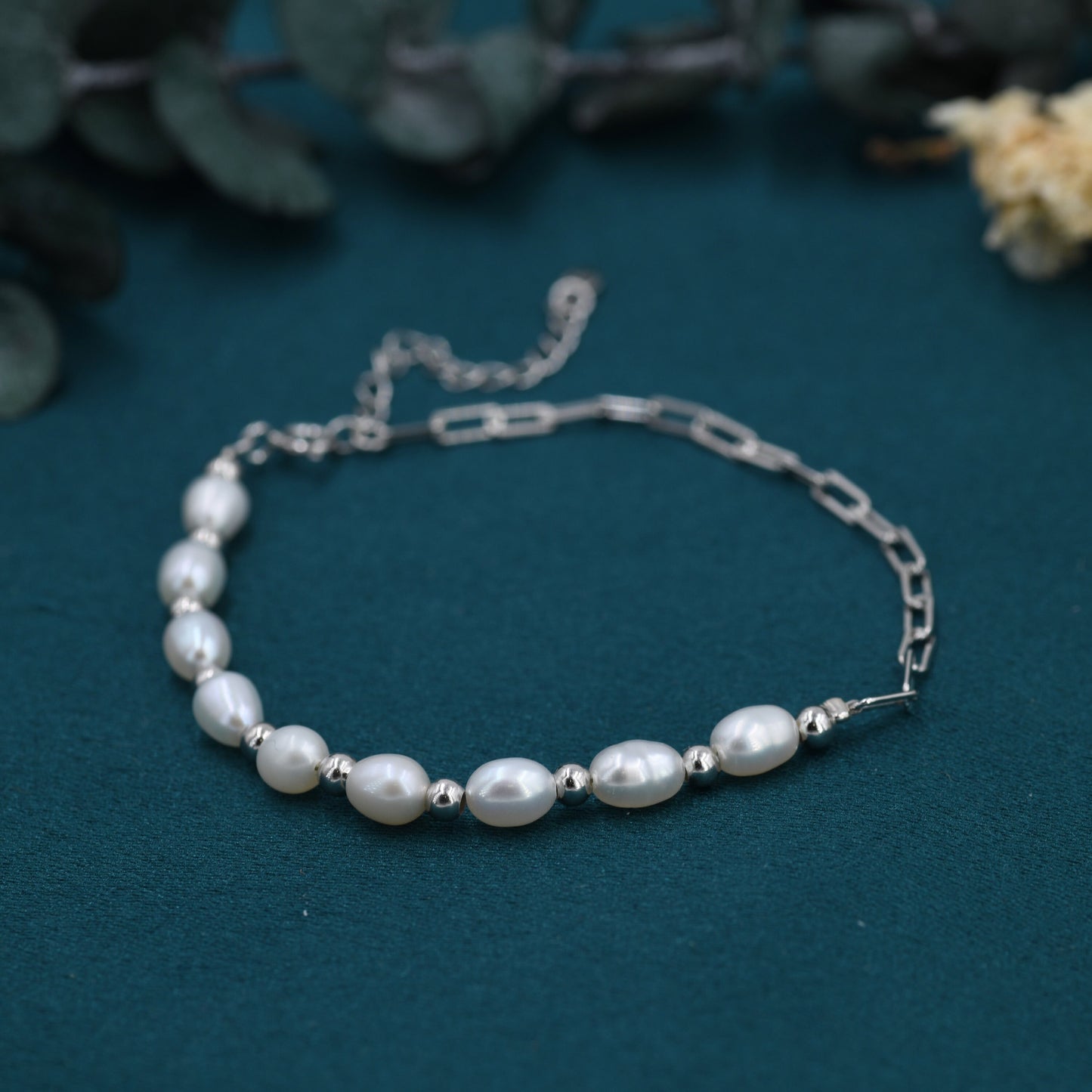 Sterling Silver Freshwater Pearl and Paperclip Beaded Bracelet, Silver or Gold, Genuine Pearls, Natural Pearl Bracelet, Ivory Oval Pearls