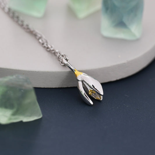Snowdrop Flower Tiny Pendant Necklace  in Sterling Silver, Nature Inspired Flower Necklace, January Birth Flower, Botanical