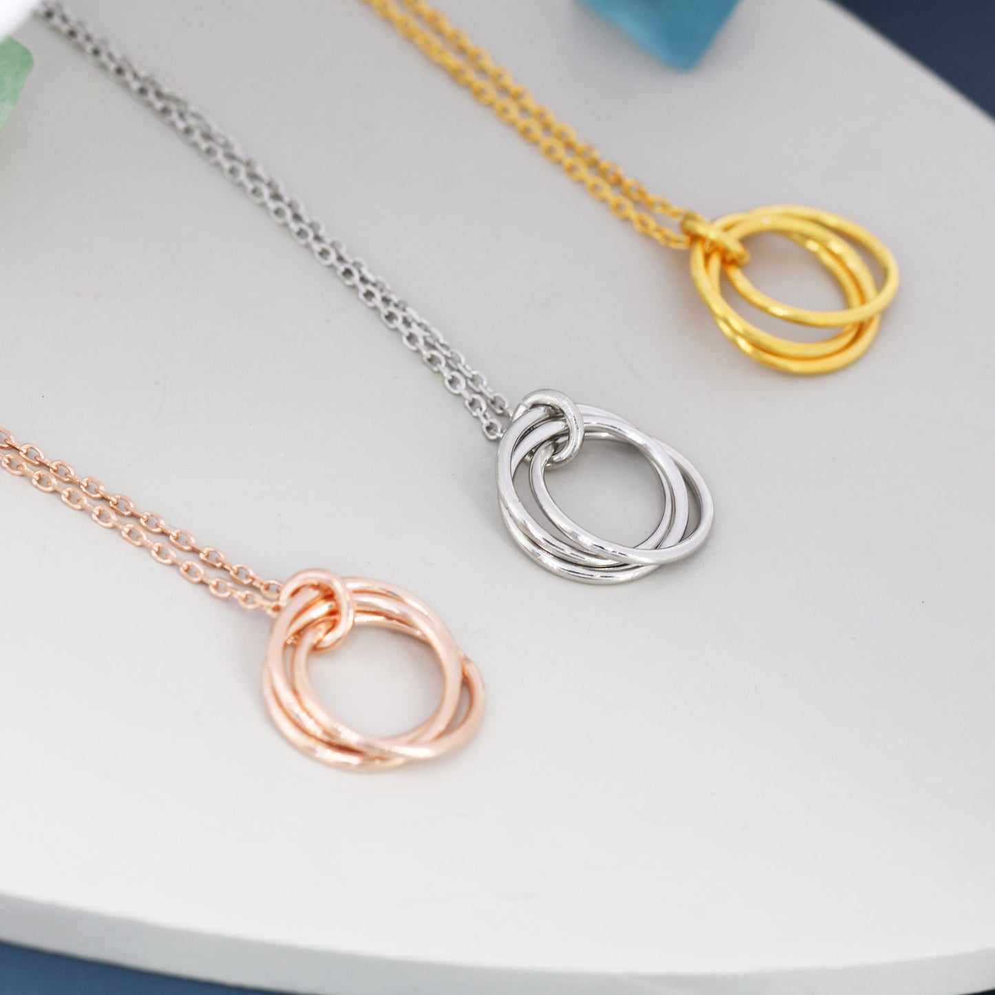 Sterling Silver Three Interlocking Circles Pendant Necklace, Three Entwined Circles for 30s, Infinity Necklace, Silver, Gold and Rose Gold,