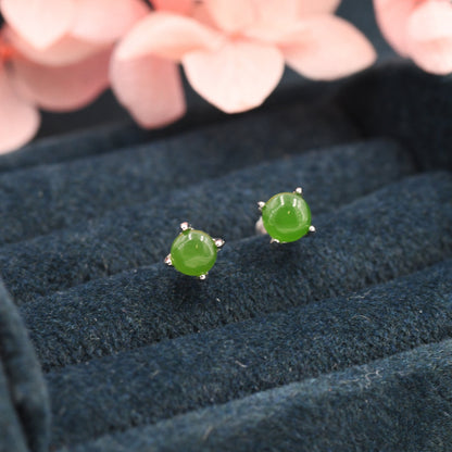 Natura Jasper Jade Stud Earrings in Sterling Silver, Semi-Precious Gemstone Earrings, 4mm, 4 prong Genuine Jade Earrings
