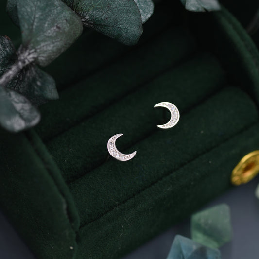 CZ Crescent Moon Stud Earrings in Sterling Silver, Tiny Moon Earrings, Silver or Gold, Celestial, Moon and Star, Stacking Earrings