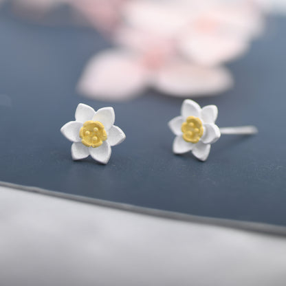 Sterling Silver Daffodil Flower Jewellery, Pretty and Cute Blossom Flower Stud Earrings , with Partial 18ct Gold Plating