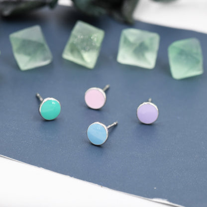 Circle Stud Earrings in Sterling Silver with Hand Painted Enamel, Pastel Stud, Teal, Turquoise, Blue, Pink, Purple, Tiny Stud