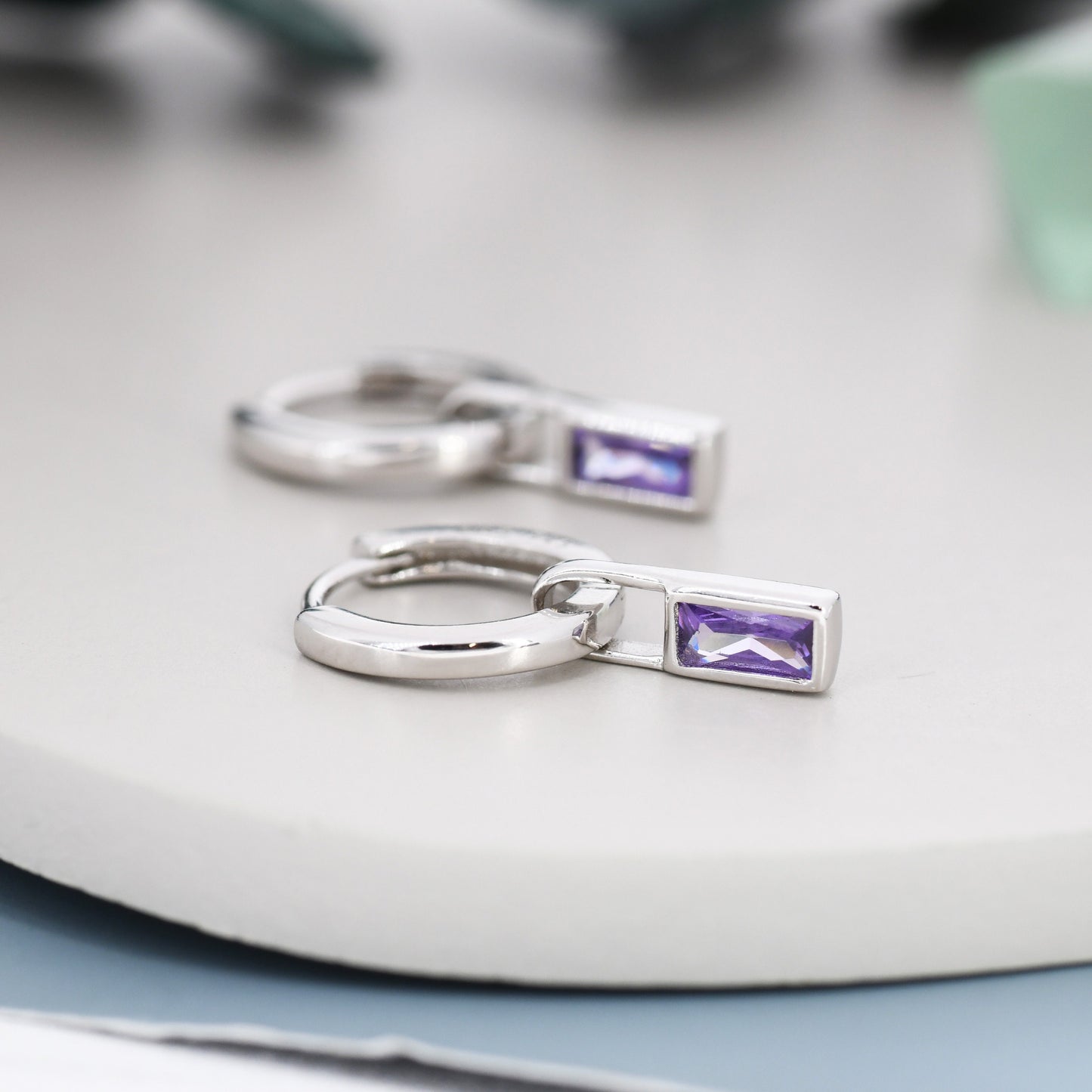 Alexandrite Purple Baguette CZ Huggie Hoop in Sterling Silver, Silver or Gold, Lilac Purple  Hoop Earrings, Detachable and Interchangeable,