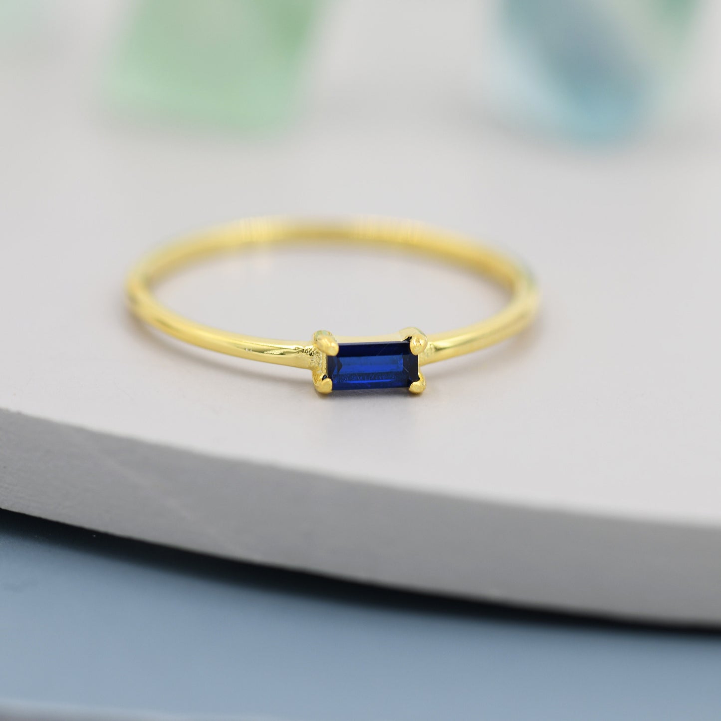 Sapphire Blue Baguette CZ Ring in Sterling Silver, Silver or Gold, Minimalist Single Baguette CZ Ring US 5 - 8