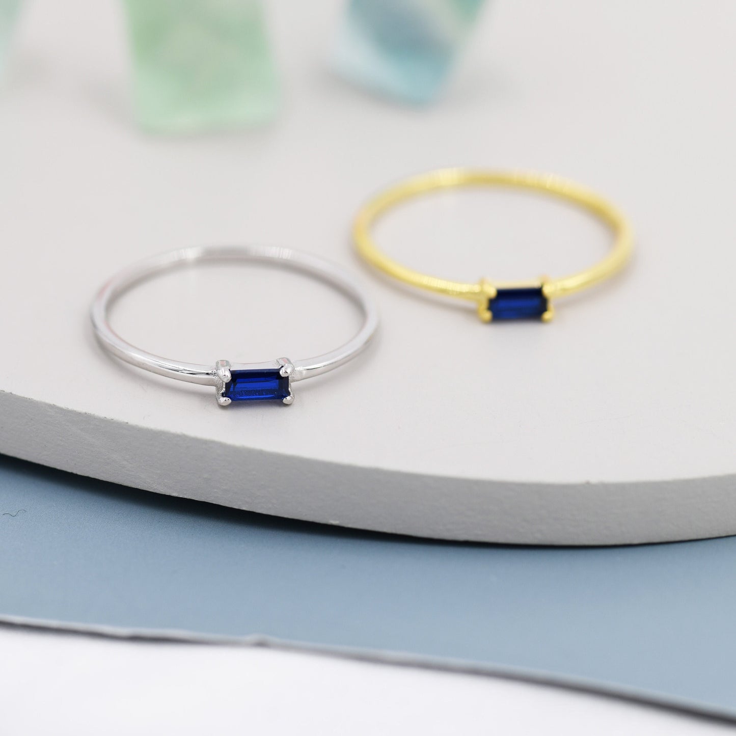 Sapphire Blue Baguette CZ Ring in Sterling Silver, Silver or Gold, Minimalist Single Baguette CZ Ring US 5 - 8