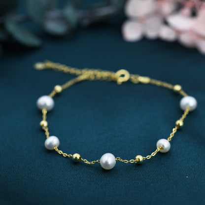 Sterling Silver Delicate Pearl and Silver Ball Beaded Bracelet, Silver or Gold, Genuine Freshwater Keshi Pearls, Natural Pearl Bracelet
