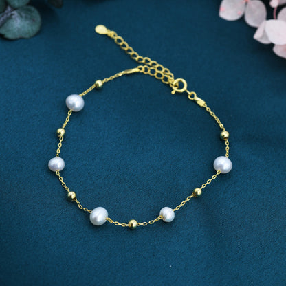 Sterling Silver Delicate Pearl and Silver Ball Beaded Bracelet, Silver or Gold, Genuine Freshwater Keshi Pearls, Natural Pearl Bracelet
